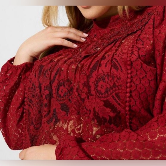 Torrid 4/4X (26) Deep Red Mixed Lace High Neck Top - Picture 3 of 10